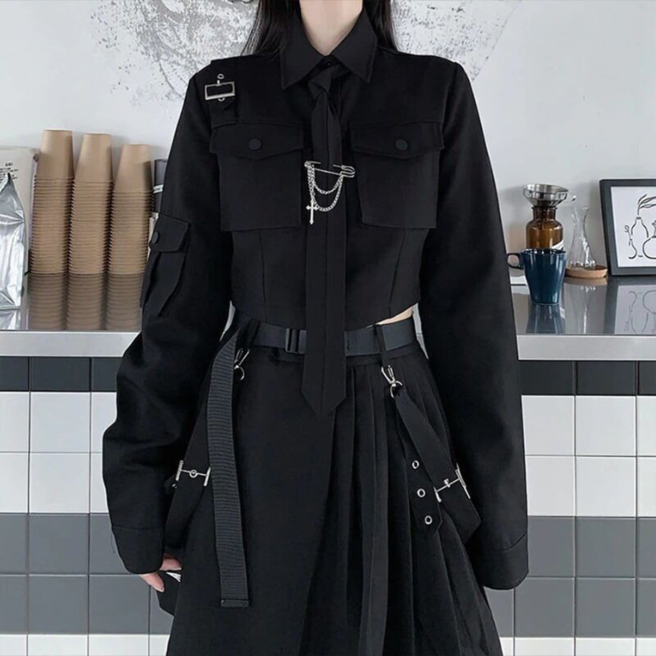 TO Dark Gothic Exposed Waist Skirt Suit