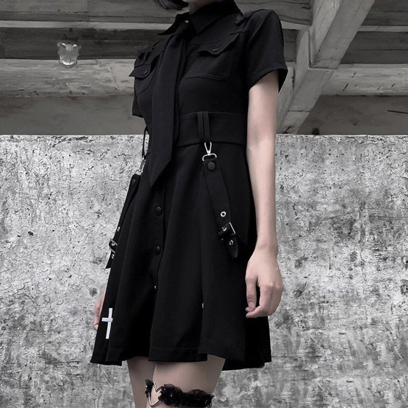 TO Dark Punk Cross Embroidery Tie Ribbons Dress