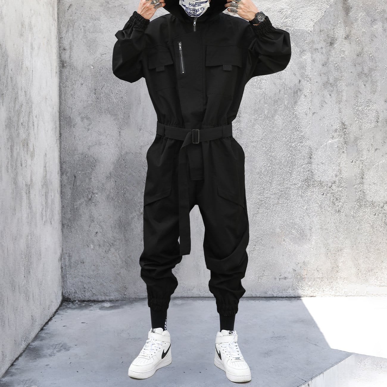 TO Function Multi Pockets Hooded Cargo Jumpsuit