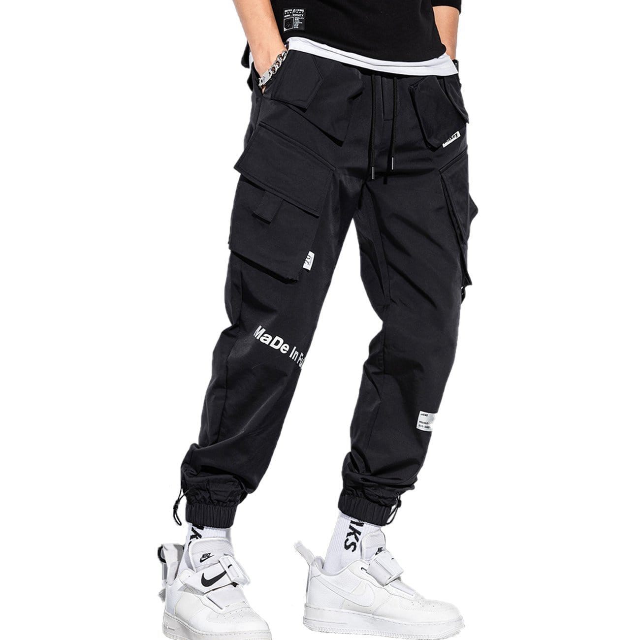 TO Reflective Side Pockets Ribbons Fleece Cargo Pants