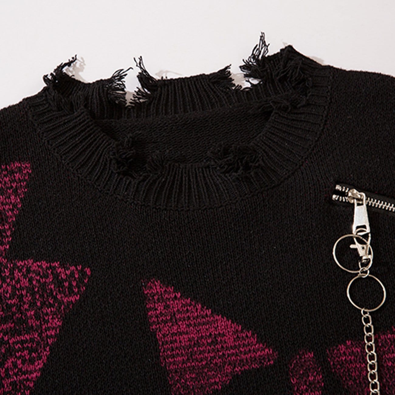 TO Irregular Ripped Skeleton Zipper Chain Knit Sweater