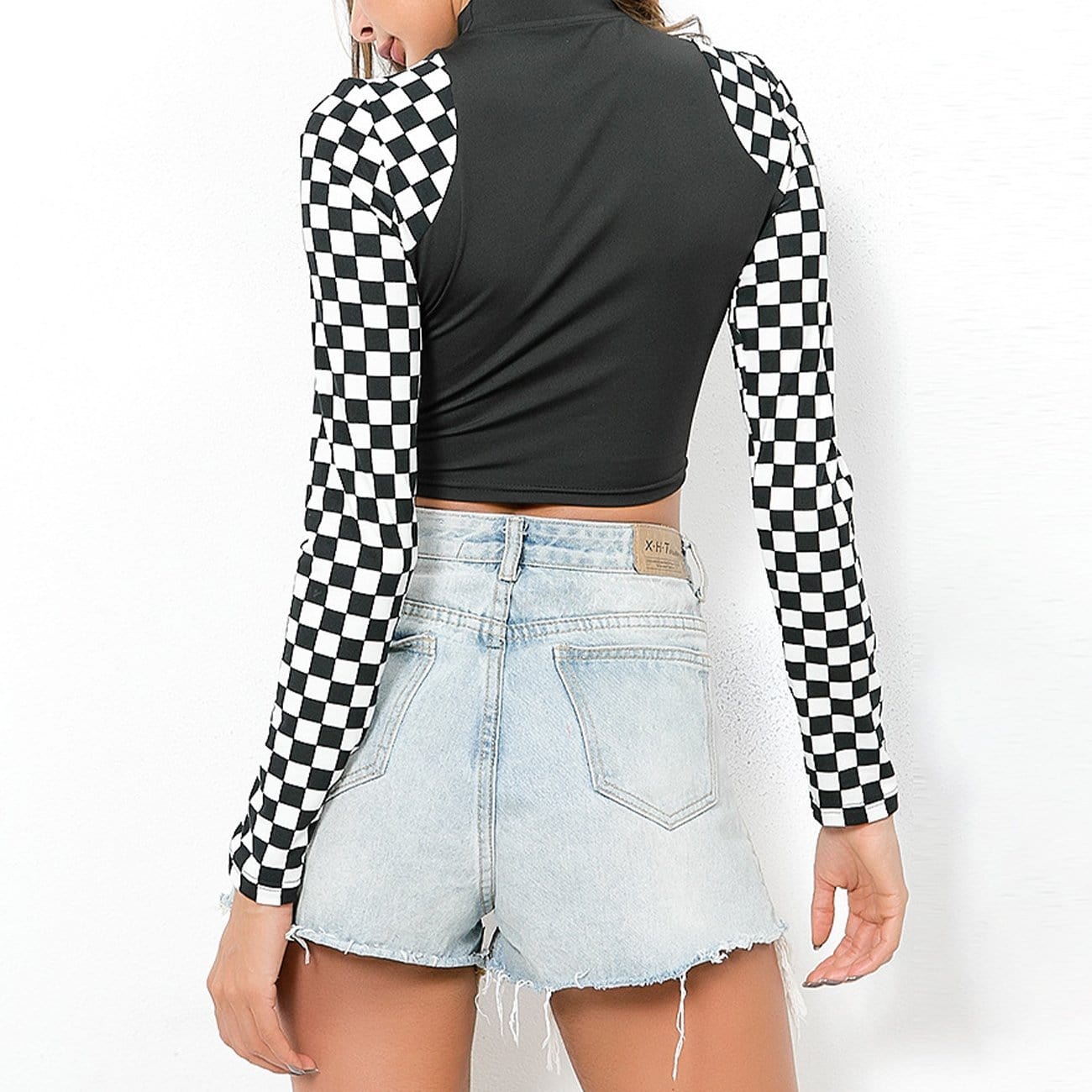TO Dark Patchwork Checkerboard Plaid Cropped Long Sleeve Tee